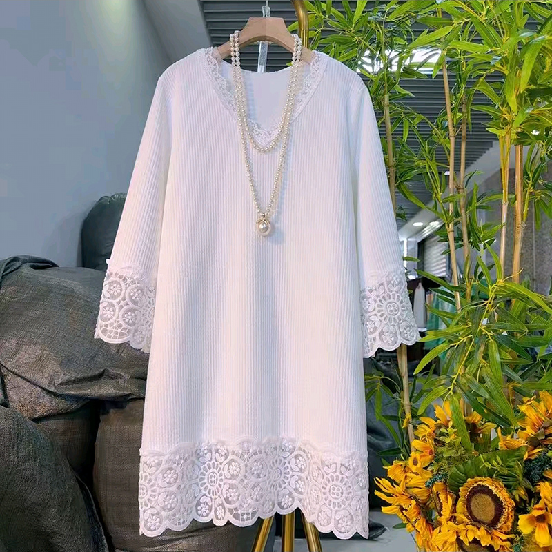 韩版蕾丝拼接大码女装纯色大衫