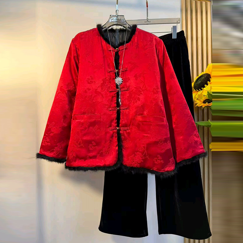 毛毛边提花棉服外套加绒裤子