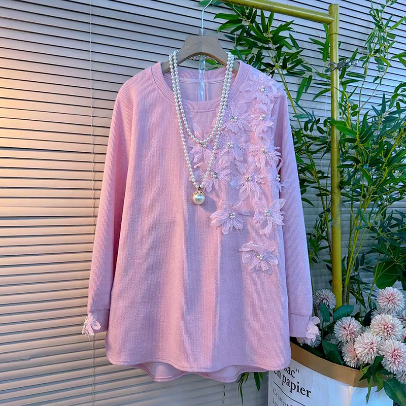 秋季大码女装立体花朵钉珠衬衫