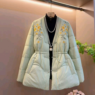 胖mm打底衫 冬季 女装 刺绣国风收腰盘扣设计显瘦气质棉外套大码 新款