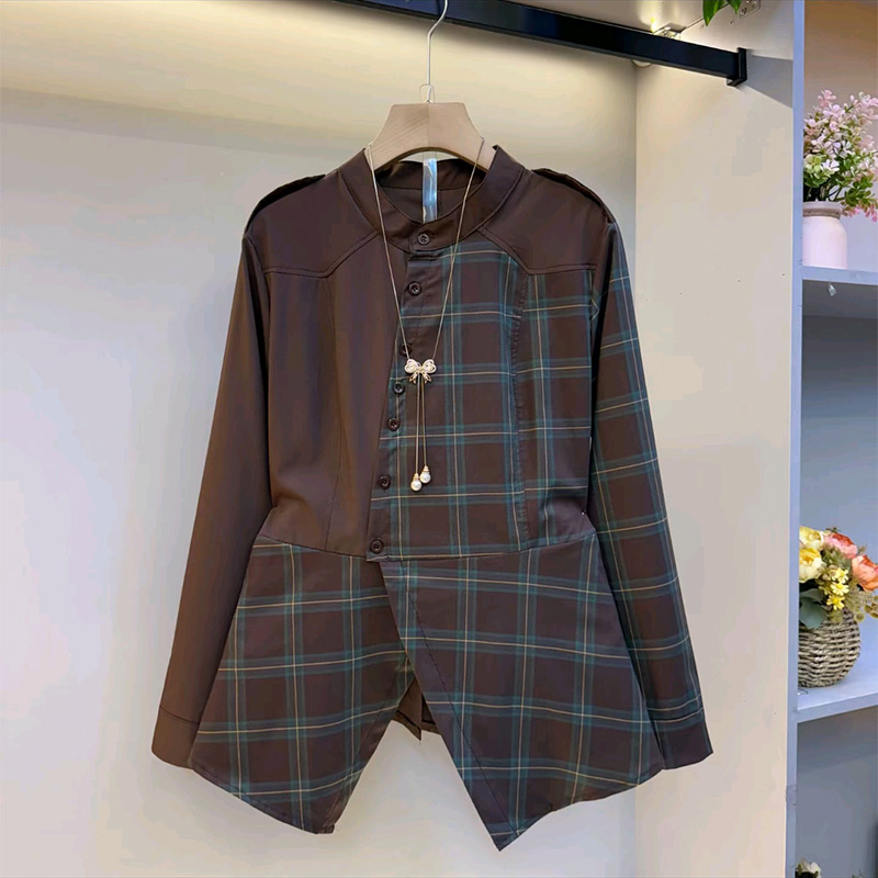 不对称拼接长袖衬衫上衣