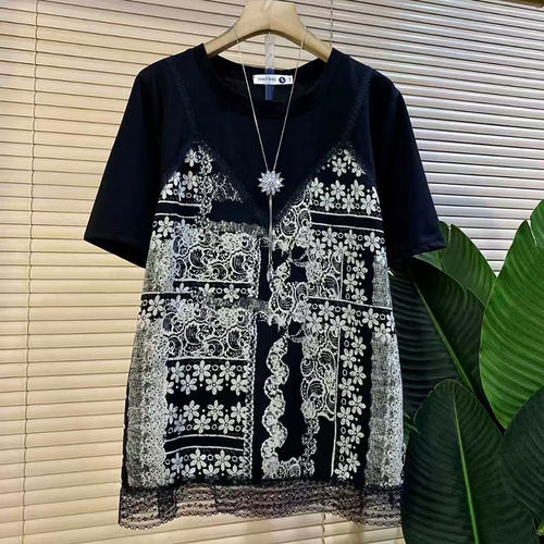 欧货复古碎花拼接假两件短袖上衣