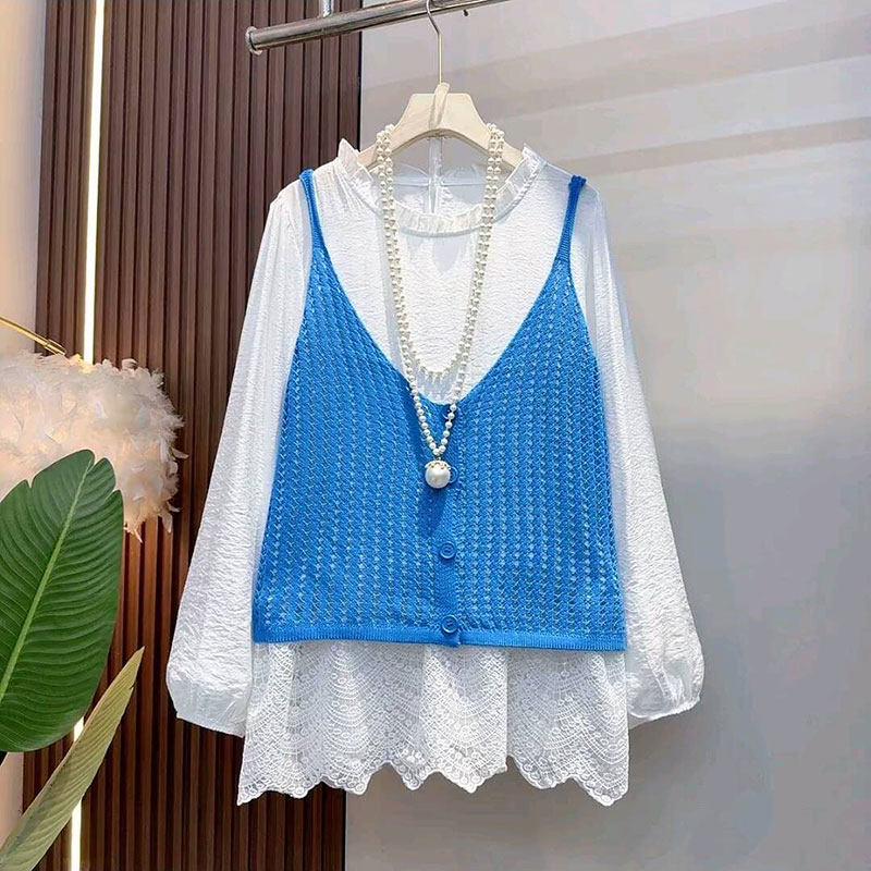 2026春季新款大码女装欧货马卡龙糖果色针织马甲蕾丝打底衫套装女