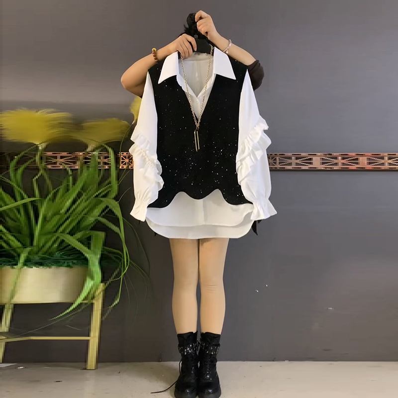 时尚木耳边开襟衬衫针织马甲套装