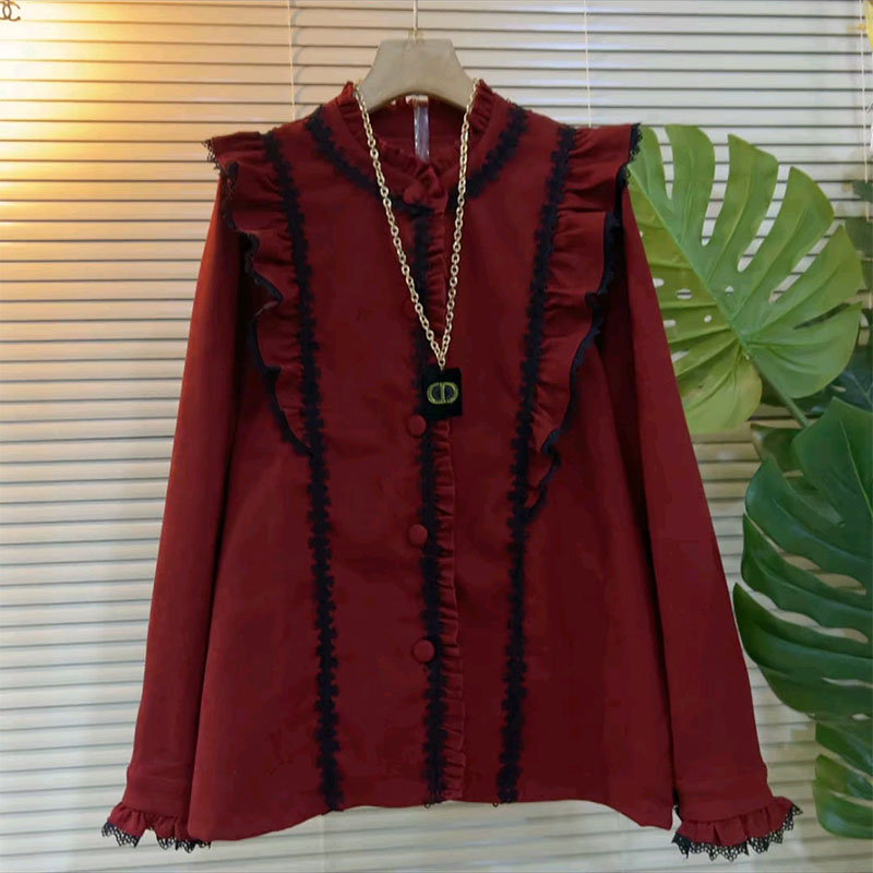 冬季新款木耳边拼接蕾丝上衣