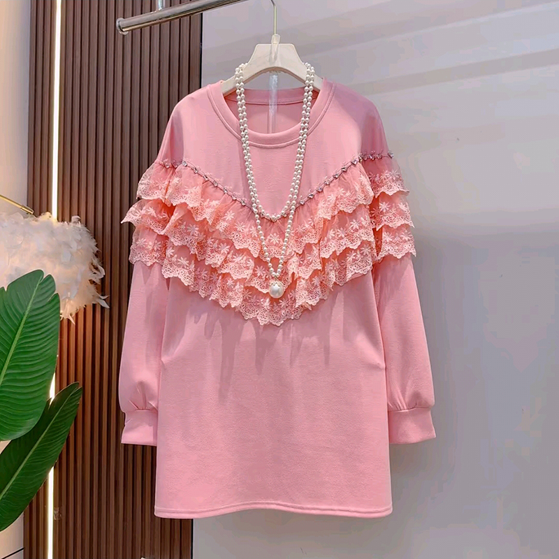 时尚圆领拼接蕾丝设计感套头卫衣