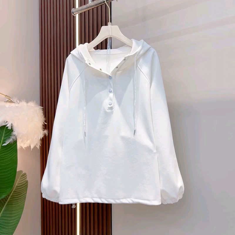 胖妹妹欧洲站简约休闲连帽套头卫衣新款大码女装纽扣设计长袖上衣,女装/女士精品,大码内搭,淘宝优惠券,粉丝福利购,淘宝优惠卷