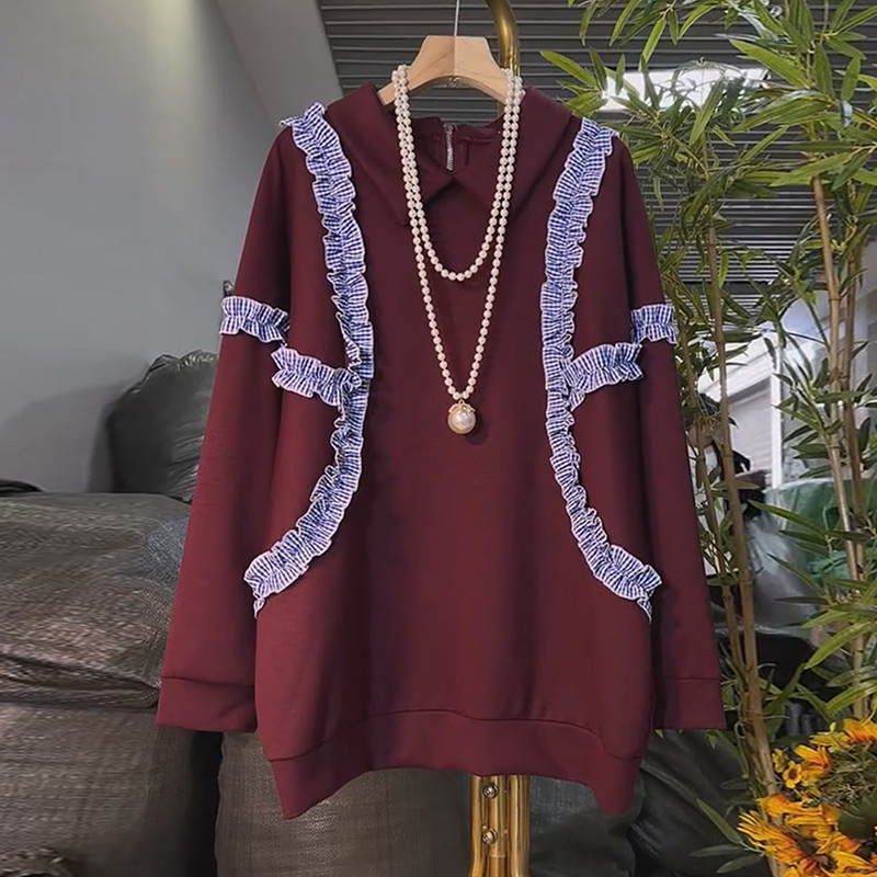 拼接木耳花边中长卫衣