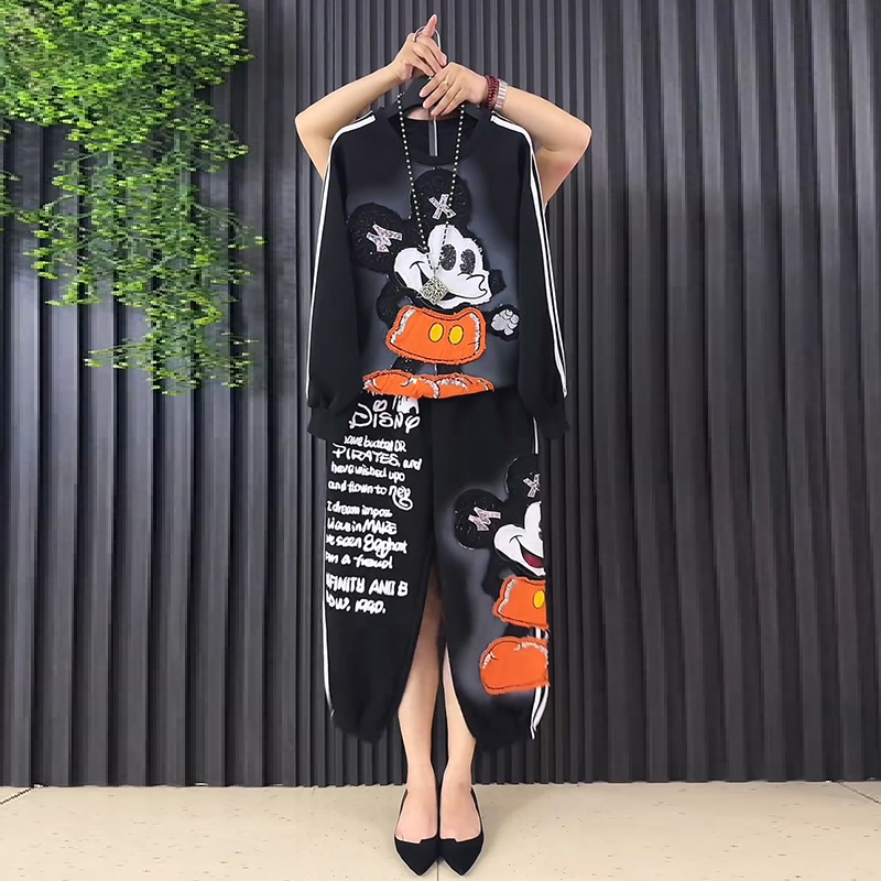 胖妹妹2025早秋新款大码女装时尚洋气减龄重工米奇圆领休闲两件套