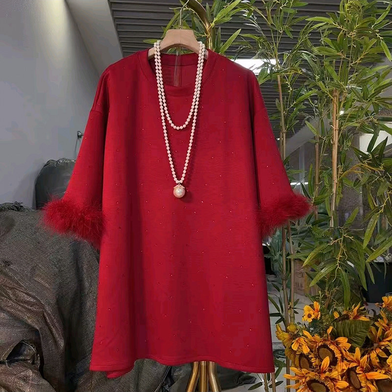 2025新款时尚毛毛袖亮晶晶长T恤上衣大码女装胖mm宽松遮肉半袖衫,女装/女士精品,大码内搭,淘宝优惠券,粉丝福利购,淘宝优惠卷