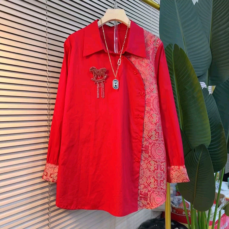 胖妹妹大码女装春季2026时尚新款韩版拼接翻领百搭复古风减龄衬衫,女装/女士精品,大码内搭,淘宝优惠券,粉丝福利购,淘宝优惠卷