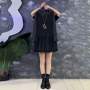 胖妹妹2025冬季新款大码女装欧货减龄显瘦木耳边圆领两件套连衣裙