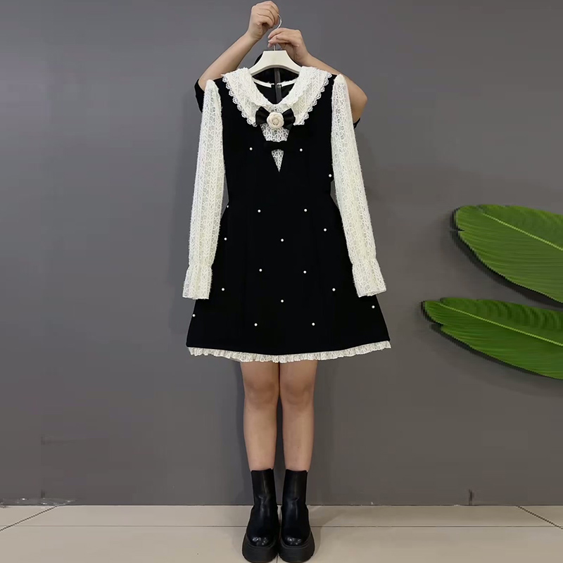 钉珠大码女装拼接假两件连衣裙