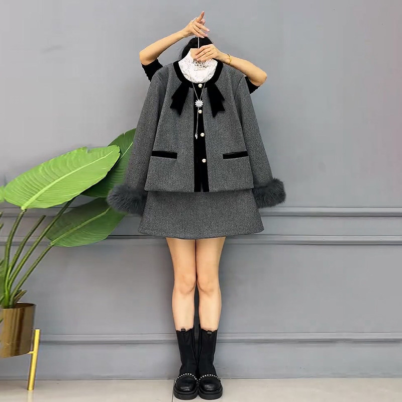 小香风法式轻奢毛袖外套短裙套装