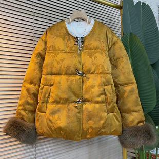 冬季新款大码女装新中式复古毛毛袖口棉服胖妹妹国风保暖宽松棉衣
