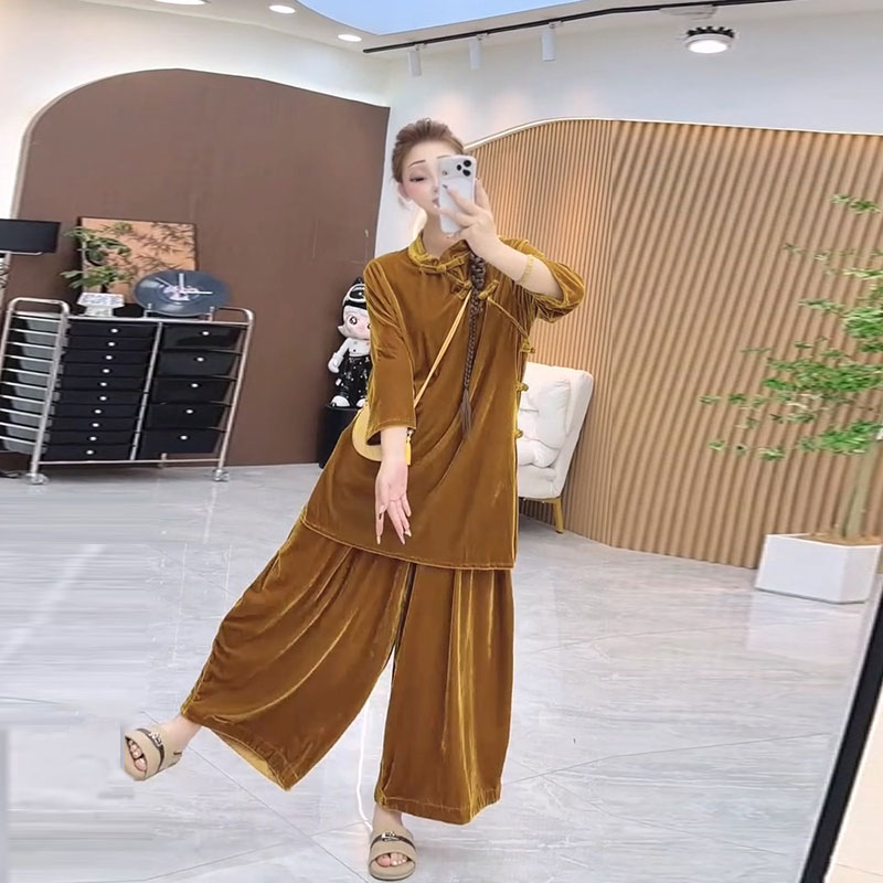 大码女装2026秋季新款新中式时尚简约丝绒上衣打底衫胖mm阔腿裤女
