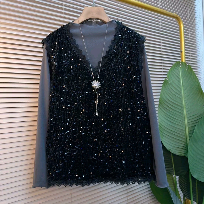 V领亮片花边马甲大码女装打底衫