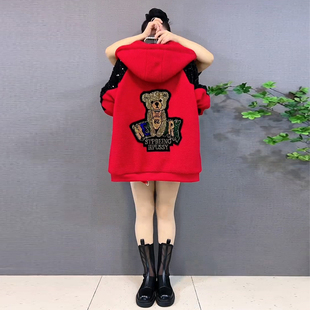 胖妹妹2025早冬新款大码女装烫钻加厚亮片连帽保暖加肥加大款外套