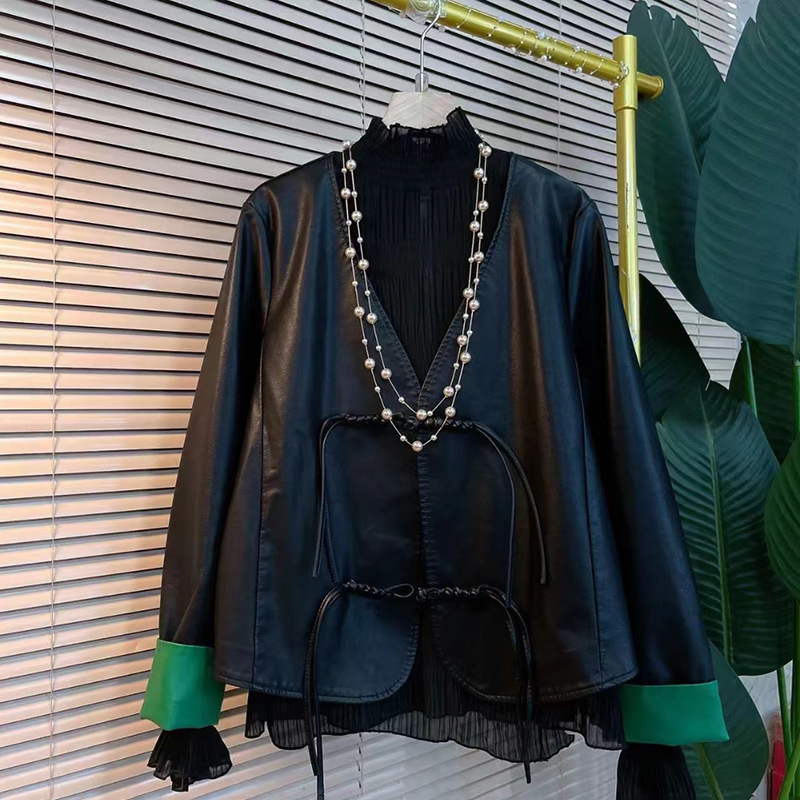 欧洲站时尚简约拼接国风皮衣外套