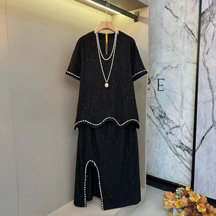 气质V领上衣大码 2026夏季 新款 韩版 胖mm开衩半身裙亮闪两件套 女装