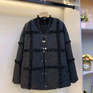 女装 2025冬季 大码 拼接木耳棉服胖MM显瘦格子外套轻薄款 上衣潮 新款