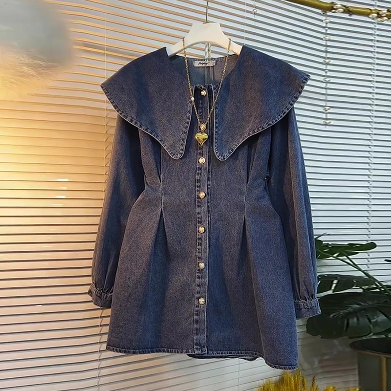 牛仔衬衫简约宽松娃娃领纯色