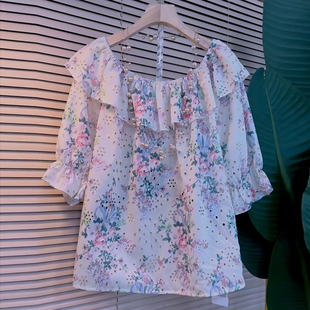 胖妹妹宽松显瘦上衣绣花镂空一字肩拼接半袖 2024春夏新款 女装 大码