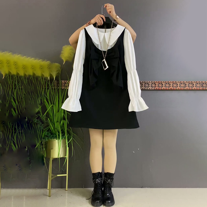 大蝴蝶结马甲裙娃娃领衬衫两件套