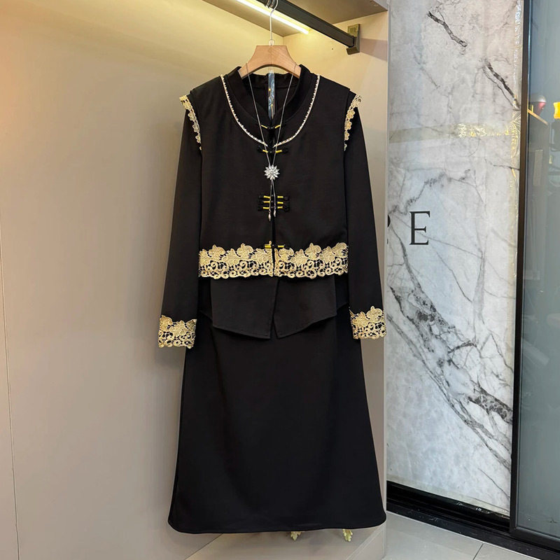 国风假两件马甲连衣裙套装