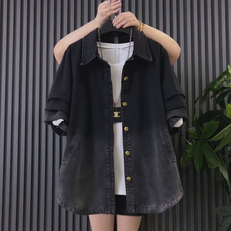 胖妹妹2025春季新款大码女装洋气显瘦韩版宽松渐变色牛仔开衫外套