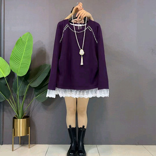 女装 大码 百搭显瘦上衣 设计感圆领小镂空拼接蕾丝打底衫 胖妹妹新款