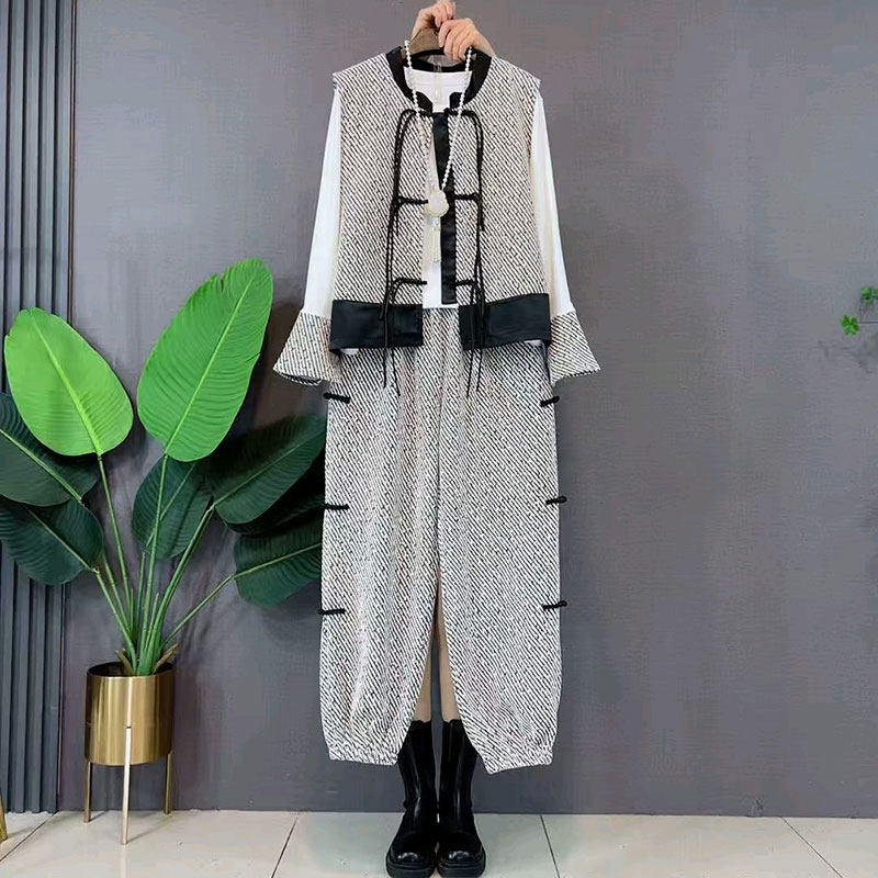 春秋新款时尚盘扣马甲t恤休闲裤复古国风新中式三件套大码女装洋,女装/女士精品,大码套装,淘宝优惠券,粉丝福利购,淘宝优惠卷