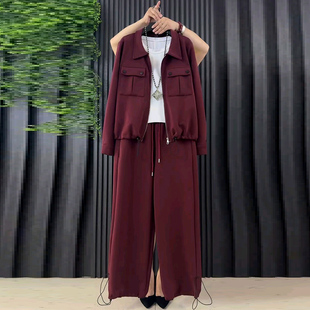 2026春季新款休闲外套阔腿裤套装胖mm显瘦大码女装翻领工装两件套