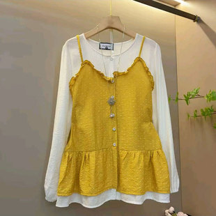 2026春季新款韩系减龄田园风假两件波点上衣大码女装胖mm洋气小衫