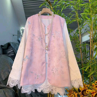 新款 胖mm宽松遮肉打底衫 新中式 女装 复古国风刺绣蝴蝶马甲大码 时尚