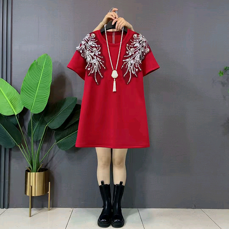 新款亮片大码女装中长款短袖上衣