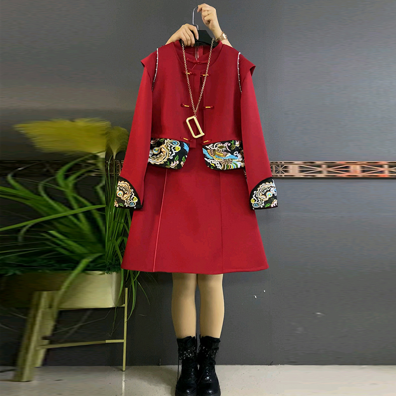 万针绣高货马甲古风连衣裙两件套