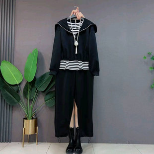 2026春季新款胖mm大码女装欧货时尚半拉链上衣条纹背心休闲裤套装