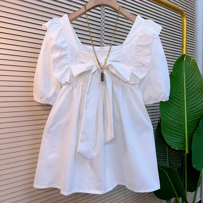 大码女装泡泡袖蝴蝶结两面穿小衫