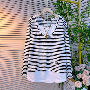 时尚 拼接假两件条纹上衣大码 女装 2026春季 衫 韩版 胖mm休闲长袖 新款