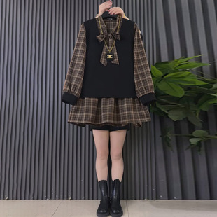 上衣大衫 设计感格纹拼接假两件显瘦长袖 时尚 胖mm大码 女装 新款 韩版