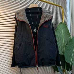 休闲加绒外搭胖妹妹冬季 时尚 新款 女装 百搭连帽两面穿马甲 大码 韩版