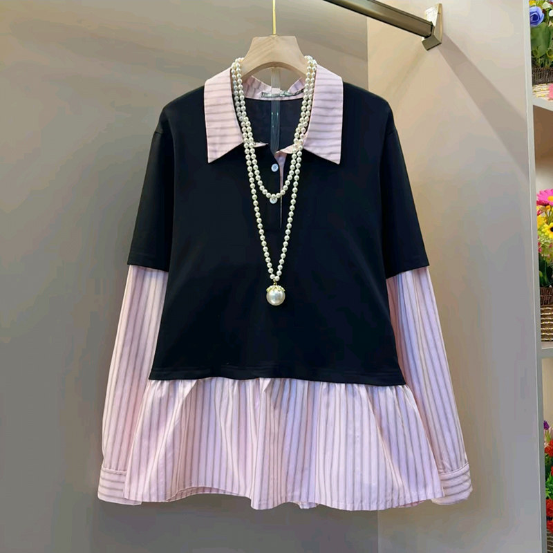 时尚休闲风假两件条纹上衣胖mm显瘦减龄内搭2026春季新款翻领衬衫,女装/女士精品,大码内搭,淘宝优惠券,粉丝福利购,淘宝优惠卷