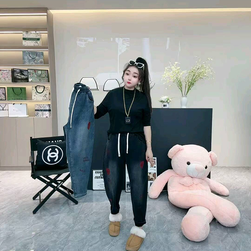 秋冬季韩版时尚爱心加绒牛仔裤新