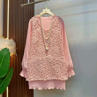 中长款 大码 套装 勾花镂空马夹胖妹妹显瘦百搭打底衫 宽松两件套 女装