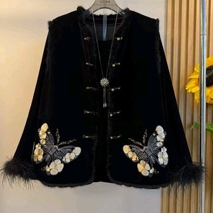 女装 大码 胖mm 国风貂毛花边马甲丝绒蝴蝶刺绣马夹上衣打底衫 新中式