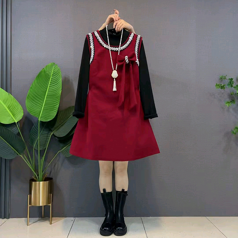 蝴蝶结背心连衣裙打底衫两件套新