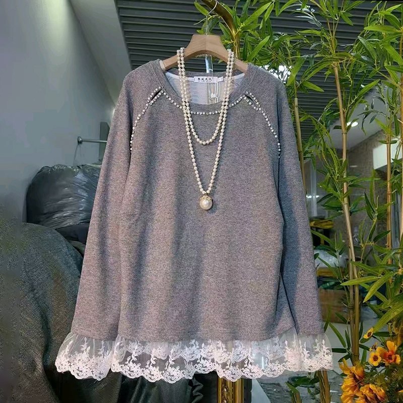 时尚钉珠蕾丝拼接花边百搭T恤