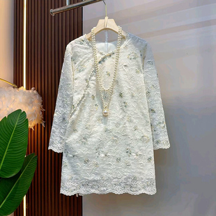 刺绣圆领女人衫 衫 胖MM显瘦钉珠斜襟上衣减龄大码 长袖 女装 2025新款
