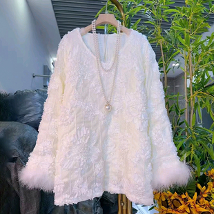 新款 缝制花朵毛毛袖 大码 胖MM欧货时尚 V领休闲百搭T恤 女装 2025冬季